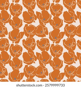 Poppy vector hand-drawn floral pattern features stylized poppy flowers in warm, earthy tones. Line art, artistic, textiles, wallpapers, and decor.