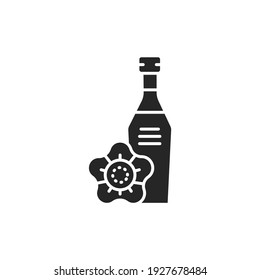 Poppy vegetable oil glass bottle with olivecolor line icon. Natural, healthy vegetarian food. Pictogram for web page, mobile app, promo. UI UX GUI design element. Editable stroke.