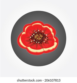 Poppy vignette. Red flower sign on dark grey circle background. Buttonhole.  Remembrance, armistice day symbol. Vector isolated