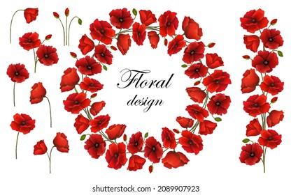 Poppy watercolor set. A wreath of poppies and poppies flowers for design.