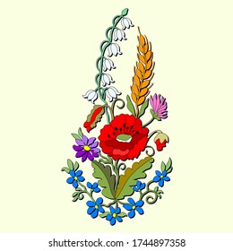 Poppy, wheat, wildflowers, lilies of the valley, forget-me-nots, hand-drawn for embroidery on a tie, ribbon, scarf or belt for a folk holiday costume, printable postcard, invitation