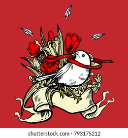 Poppy Wild Flower with leaf and birds. Flower and birds Illustration vector. 