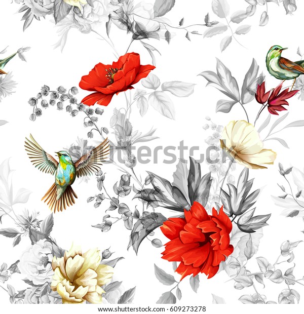 Poppy, wild flower, nightingale bird with leaves on black and white background. Seamless pattern. Watercolor, hand drawn, vector - stock