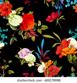 Poppy, wild rose, cornflowers, lily of the valley with leaves on black. Seamless background pattern. Watercolor, hand drawn. Vector stock