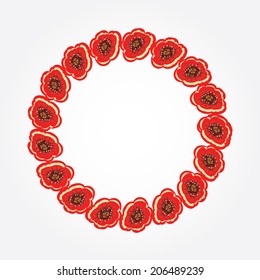 Poppy wreath. Red flower abstract design with laurel wreath on white background. Buttonhole.  Remembrance, armistice  day symbol. Vector isolated