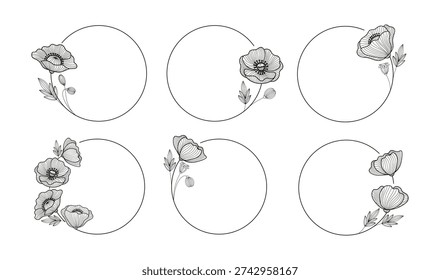 Poppy Wreath and Round Frame Flower Set in Line Art Style, Hand-Drawn Floral for Logo, Borders, Decorative Circle Templates in a vector illustration