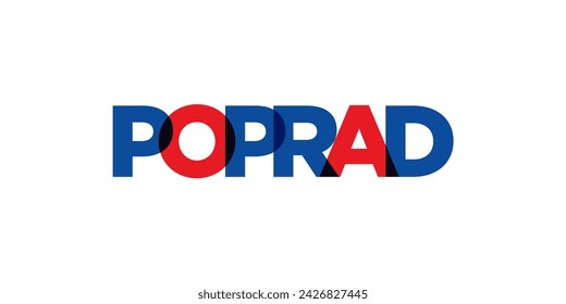 Poprad en el emblema de Eslovaquia para impresión y web. El diseño presenta estilo geométrico, ilustración vectorial con tipografía audaz en fuente moderna. Letras de eslogan gráfico aislado sobre fondo blanco.