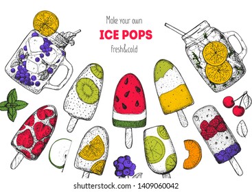 Pops ice cream, hand drawn vector illustration. Ice tea and ice cream. Summer food and drink. Sketch illustration for menu design. Ice pops collection.