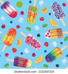 Popsicle background with different fruit ice cream, ice cubes, berries, citrus fruit. Ice-cream seamless pattern, texture for wallpaper, paper, textile, fabric, packaging