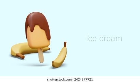 Popsicle with banana flavor and chocolate topping. Realistic cold dessert