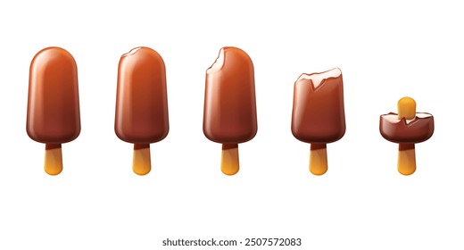 Popsicle bites. Realistic bitten icecream stages, popsicles bars on stick chocolate cover ice cream eskimo bite eating animation, summer frozen candy, exact vector illustration original artwork