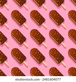 Popsicle with chocolate glaze and nuts. cold dessert. Delicious crispy soft sweets, realistic food illustration. Hand drawn. Seamless pattern for wallpaper, fabric, wrapping, background