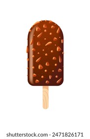 Popsicle with chocolate glaze and nuts. Summer cold dessert. Delicious crispy soft sweets, realistic food illustration. For menu, cafe, stickers, design elements.