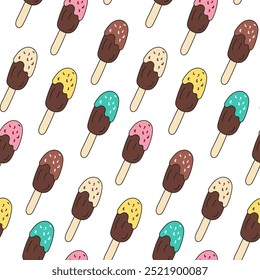 Paleta con glaseado de chocolate y patrones de Vector de chispas dulces sin fin. Postre colorido frío, paleta en palo. Patrón inconsútil para el Fondo de pantalla, la tela, el empaquetado, el fondo.