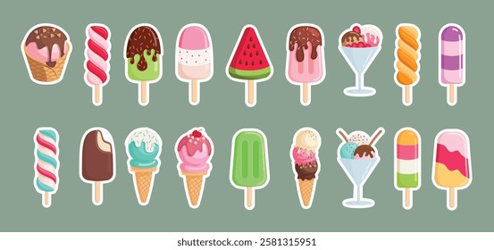 Popsicle colorful drawing clipart set. Ice cream and popsicle summer icon clip art with delicious and sweet flavor vector illustration dessert collection. 
