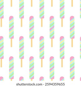 Popsicle with colorful pastel stripes in trendy pink, blue, yellow and green Summer Seamless Pattern