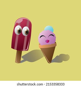 Popsicle and cone ice cream couple character standing side by side with cute expression in 3D style isolated in yellow