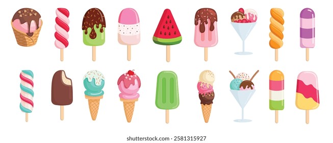 Popsicle drawing colorful clipart set. Ice cream summer icon clip art dessert elements collection in delicious, sweet and dairy milk products vector illustration in white background. 
