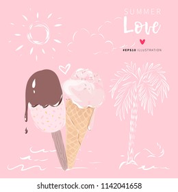 Popsicle and frozen ice cream cone creative romantic vector illustration on summer background for sales banner design.