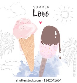 Popsicle and frozen ice cream cone creative romantic vector illustration on summer background for sales banner design.