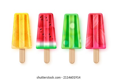 Popsicle fruits vector set design. Popsicles fruity desserts with 3d realistic watermelon, kiwi and strawberry fruit bits for summer season iced cream flavors. Vector illustration.
