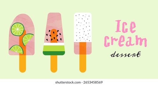 Popsicle Ice Cream banner, poster, card concept. Composition with cold desserts. Bright colors template with lettering and text. Design for cafe, restaurant, social media, AD, branding, print