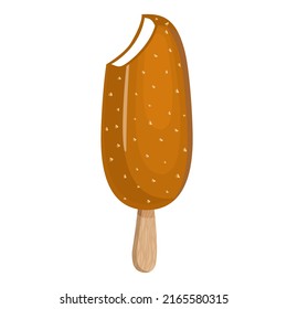 Popsicle ice cream with caramel icing and nuts on a wooden stick. Vector illustration of summer sweets.