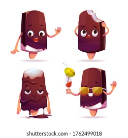 Popsicle ice cream character, funny eskimo pie with kawaii face expressing emotions, say hello, melting on heat, touching head with bitten off piece, wear sunglasses and drinking cocktail cartoon