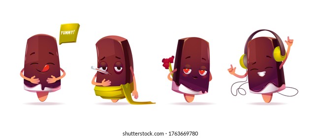 Popsicle ice cream character, funny eskimo pie with kawaii face expressing emotions enjoy meal say yummy, sick with fever, hold bouquet for dating, listening music in headphones, cartoon vector set