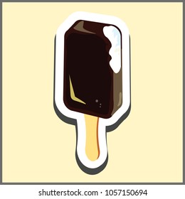 Popsicle ice cream in chocolate glaze on a wooden stick. Illustration in the form of a sticker.