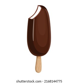 Popsicle ice cream with chocolate icing on a wooden stick. Vector illustration of summer sweets.