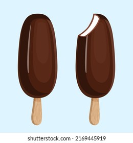 Popsicle ice cream with chocolate icing on a wooden stick. Vector illustration of summer sweets.