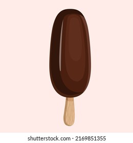 Popsicle ice cream with chocolate icing on a wooden stick. Vector illustration of summer sweets.