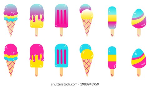 Popsicle and ice cream collection, vector illustration isolated on white. Fruity ice cream cone, sundae ice cream scoop, fruit popsicle. Ice cream shop graphics.