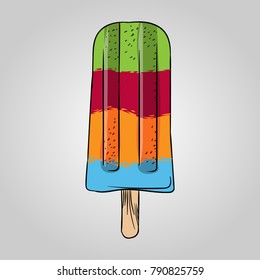 Popsicle ice cream in color. Line art hand drawn vector illustration.