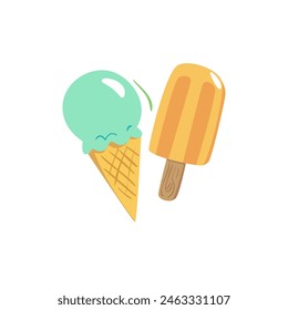 Popsicle and ice cream cone in cartoon style. Fruit and vanilla ice cream cone. Collection sweets. Design elements. Vector illustration.