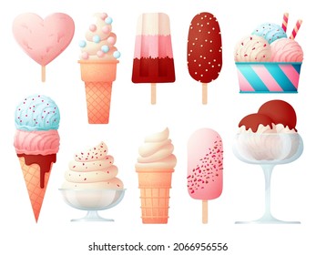 Popsicle ice cream. Creamy waffle cones, holiday sweet food. Chocolate lollipop and sorbet, summer dessert. Tasty frozen sweets swanky vector set