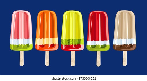 Popsicle ice cream, fruit ice lolly set. Colorful popsicle ice cream. Sweet summer dessert. detailed fruit ice lollies in red, orange, green, pink