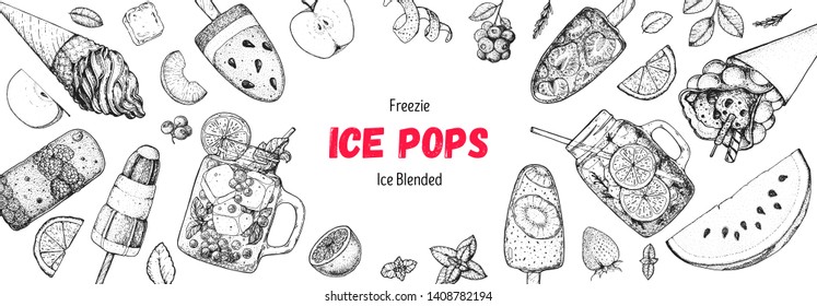 Popsicle ice cream, hand drawn vector illustration. Ice tea and ice cream. Summer food and drink. Sketch illustration for menu design. Ice pops collection