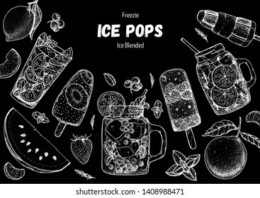 Popsicle ice cream, hand drawn vector illustration. Ice tea and ice cream. Summer food and drink. Sketch illustration for menu design. Ice pops collection.