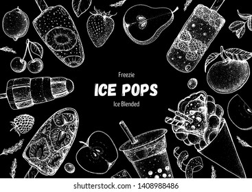 Popsicle ice cream, hand drawn vector illustration. Ice tea and ice cream. Summer food and drink. Sketch illustration for menu design. Ice pops collection. 