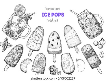 Popsicle ice cream, hand drawn vector illustration. Ice tea and ice cream. Summer food and drink. Sketch illustration for menu design. Ice pops collection.