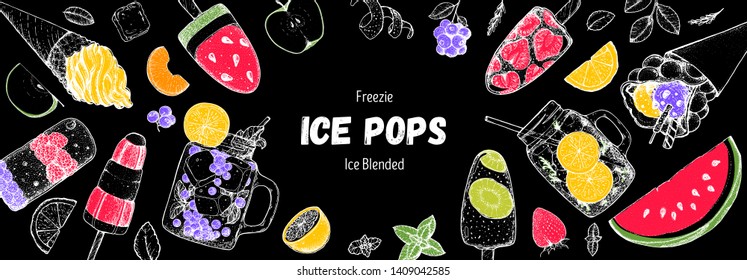 Popsicle ice cream, hand drawn vector illustration. Ice tea and ice cream. Summer food and drink. Sketch illustration for menu design. Ice pops collection.