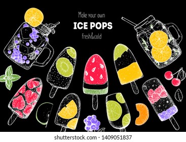 Popsicle ice cream, hand drawn vector illustration. Ice tea and ice cream. Summer food and drink. Sketch illustration for menu design. Ice pops collection.