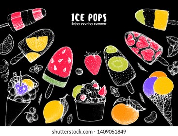 Popsicle ice cream, hand drawn vector illustration. Ice tea and ice cream. Summer food and drink. Sketch illustration for menu design. Ice pops collection