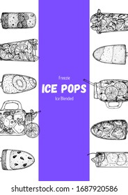 Popsicle ice cream, hand drawn vector illustration. Ice tea and ice cream. Summer food and drink. Sketch illustration for menu design. Ice pops collection.