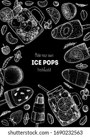 Popsicle ice cream, hand drawn vector illustration. Ice tea and ice cream. Summer food and drink. Sketch illustration for menu design. Ice pops collection.