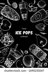 Popsicle ice cream, hand drawn vector illustration. Ice tea and ice cream. Summer food and drink. Sketch illustration for menu design. Ice pops collection.