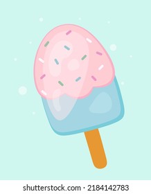 Popsicle ice cream with icing and sprinkles. Lollipop. Summer food. Colorful flat design of ice cream. Pastel shades. Vector illustration of ice cream on a light green background close-up.