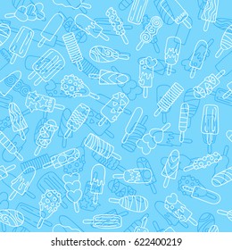 Beliebtes Eis-Ikonenmuster - handgezeichneter Doodle-Stil. Die blauen und weißen Umrisse schmecken nahtlos den Vektorhintergrund.